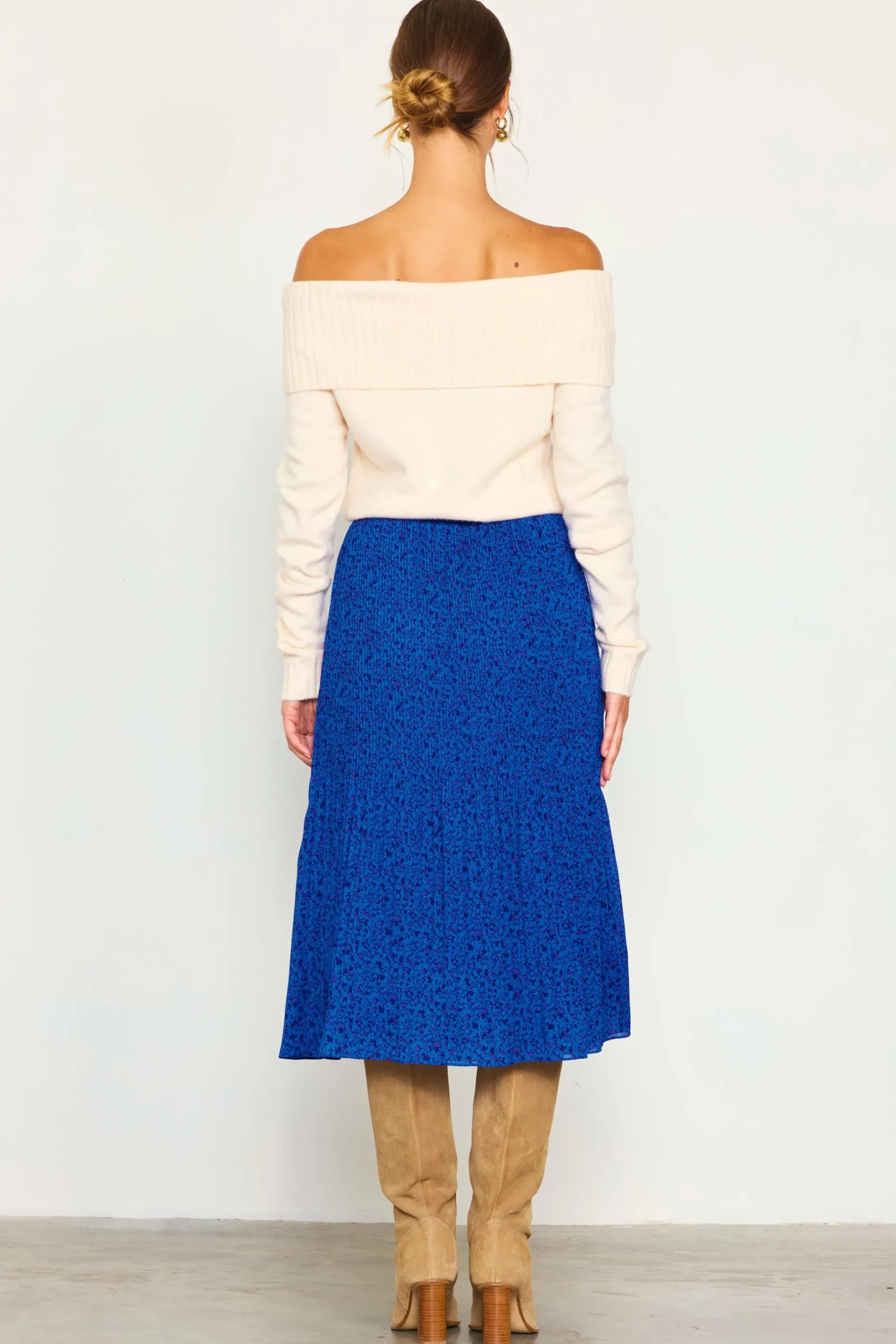SKIES ARE BLUE Skirts*Pleated Floral Midi Skirt Cobalt