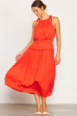 SKIES ARE BLUE Midi Dresses*Pleated Halter Midi Dress Coralred