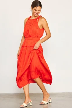 SKIES ARE BLUE Midi Dresses*Pleated Halter Midi Dress Coralred