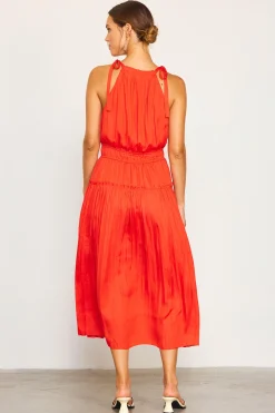 SKIES ARE BLUE Midi Dresses*Pleated Halter Midi Dress Coralred