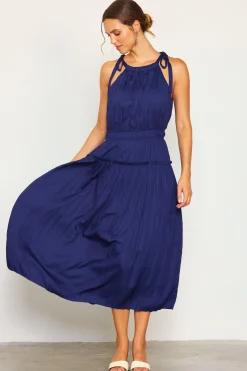 SKIES ARE BLUE Midi Dresses*Pleated Halter Midi Dress Navy