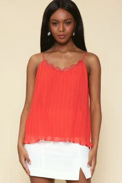 SKIES ARE BLUE Sleeveless Tops*Pleated Lace Detail Cami Top Coralred