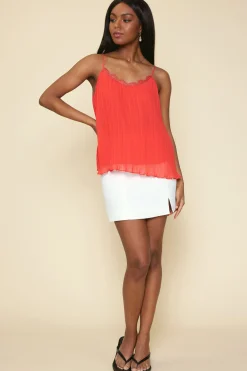 SKIES ARE BLUE Sleeveless Tops*Pleated Lace Detail Cami Top Coralred