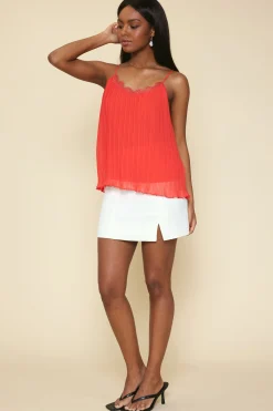 SKIES ARE BLUE Sleeveless Tops*Pleated Lace Detail Cami Top Coralred