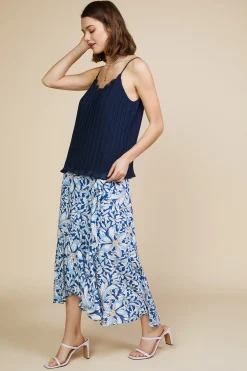 SKIES ARE BLUE Sleeveless Tops*Pleated Lace Detail Cami Top Navy