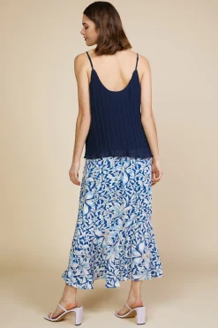 SKIES ARE BLUE Sleeveless Tops*Pleated Lace Detail Cami Top Navy