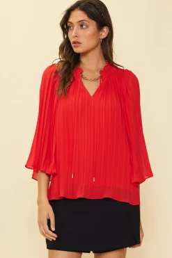 SKIES ARE BLUE Long Sleeve Tops*Pleated Ruffled Trim Top Coralred