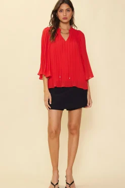 SKIES ARE BLUE Long Sleeve Tops*Pleated Ruffled Trim Top Coralred