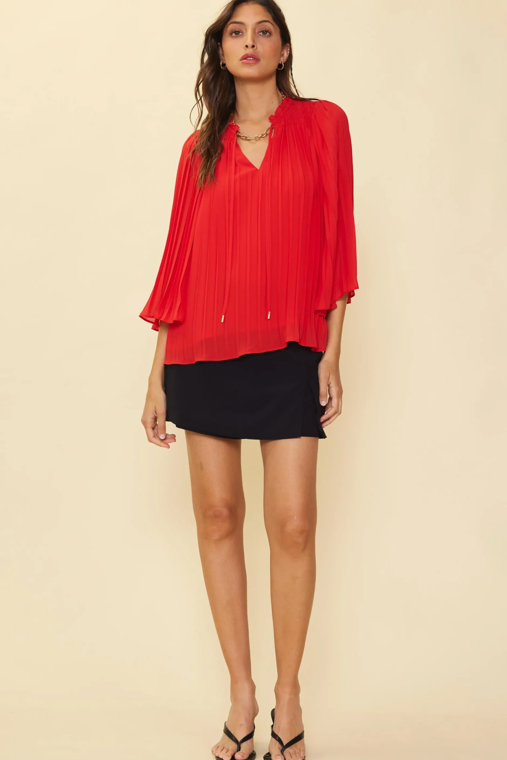 SKIES ARE BLUE Long Sleeve Tops*Pleated Ruffled Trim Top Coralred
