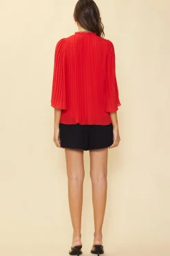 SKIES ARE BLUE Long Sleeve Tops*Pleated Ruffled Trim Top Coralred