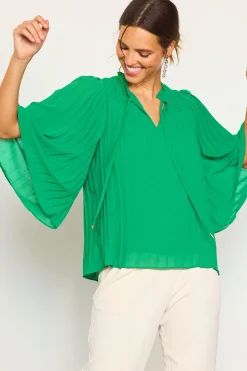 SKIES ARE BLUE Long Sleeve Tops*Pleated Ruffled Trim Top Kelly-green