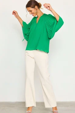 SKIES ARE BLUE Long Sleeve Tops*Pleated Ruffled Trim Top Kelly-green