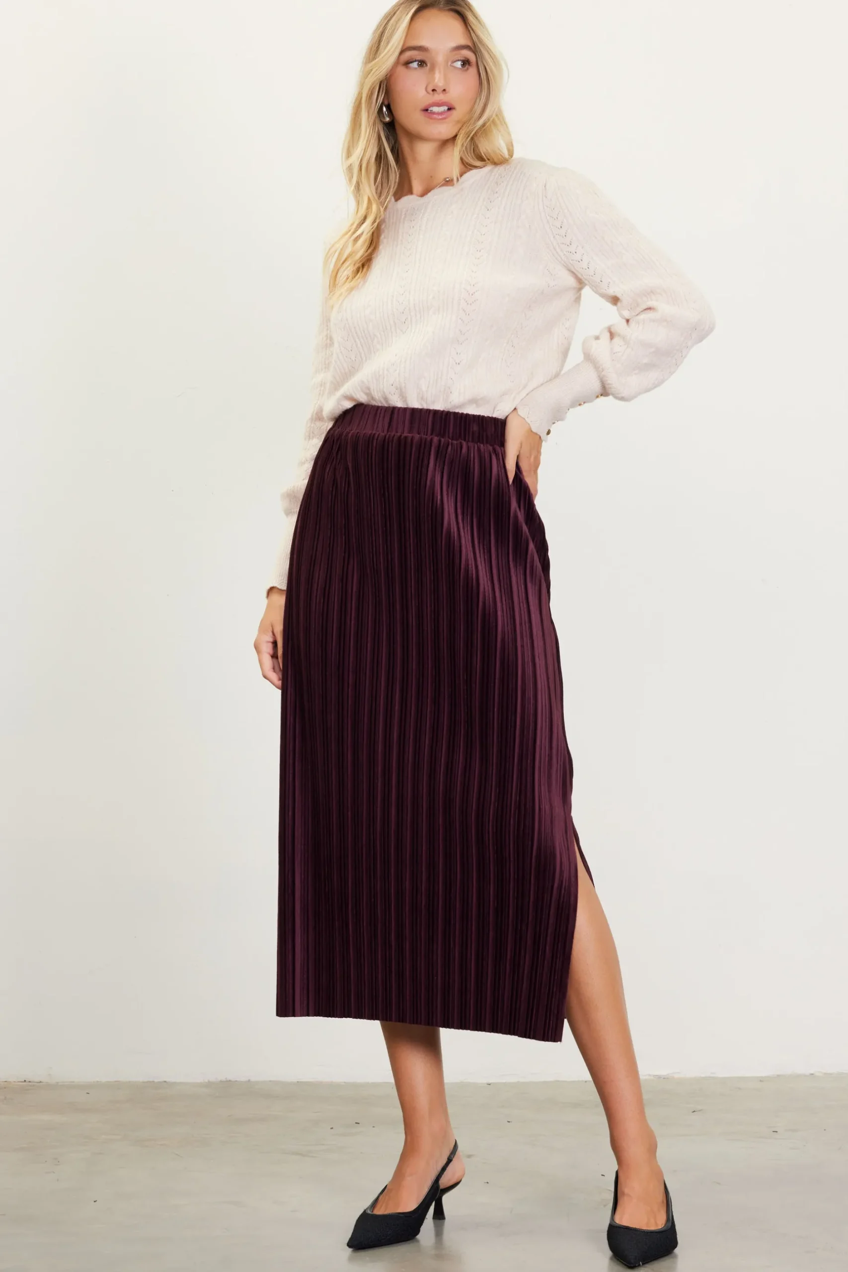 SKIES ARE BLUE Skirts*Pleated Velvet Midi Skirt Chocolate