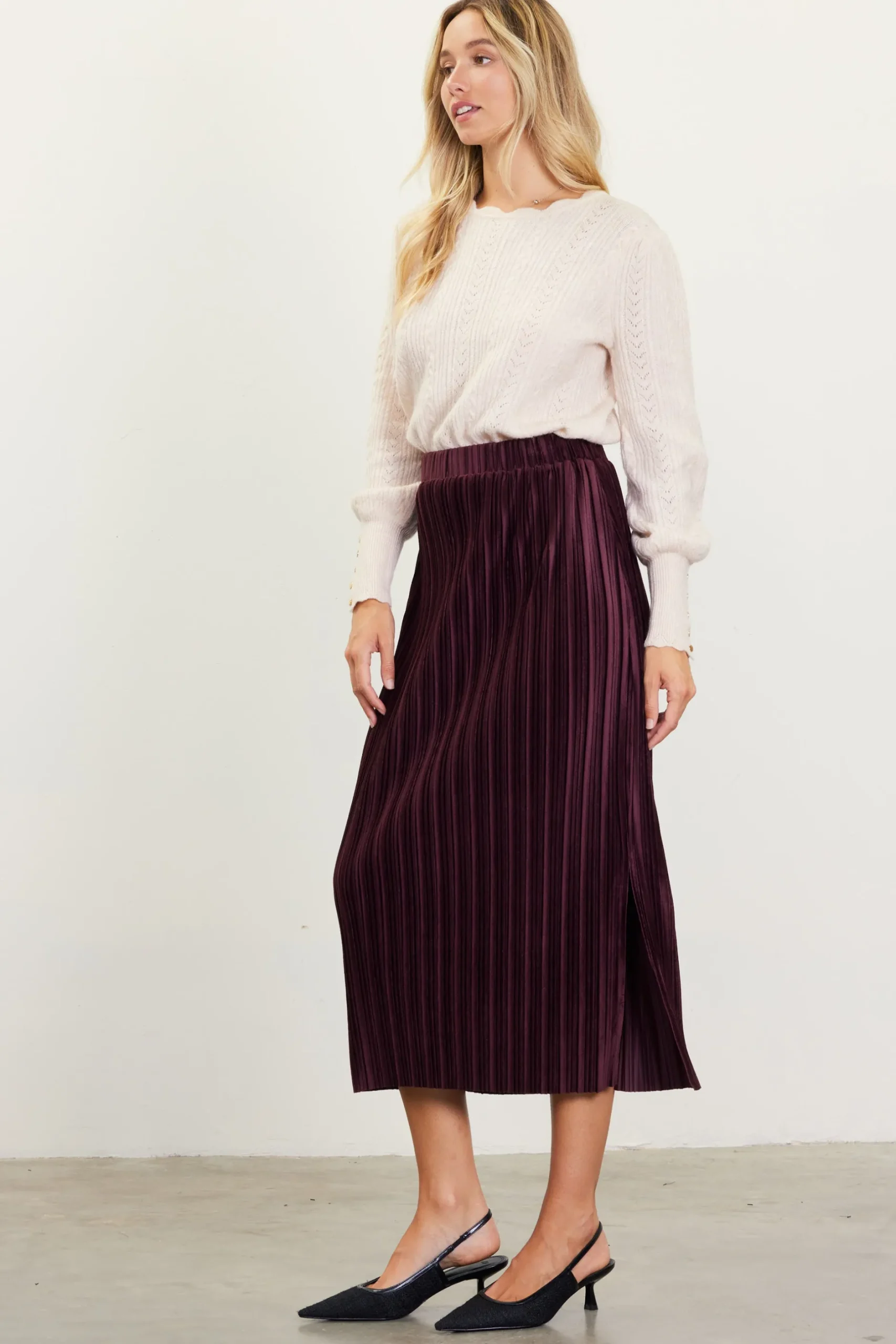 SKIES ARE BLUE Skirts*Pleated Velvet Midi Skirt Chocolate