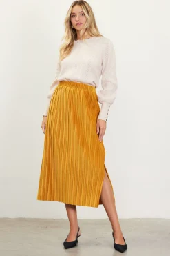 SKIES ARE BLUE Skirts*Pleated Velvet Midi Skirt Mustard