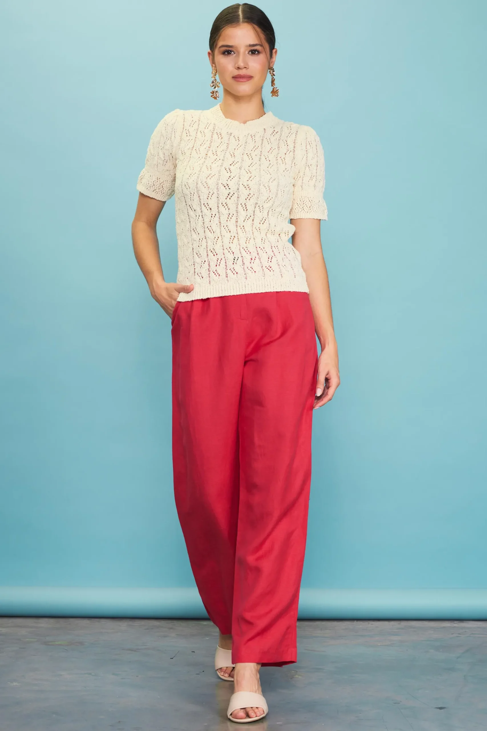 SKIES ARE BLUE Short Sleeve Tops|Sweaters*Pointelle Short Sleeve Sweater Ivory