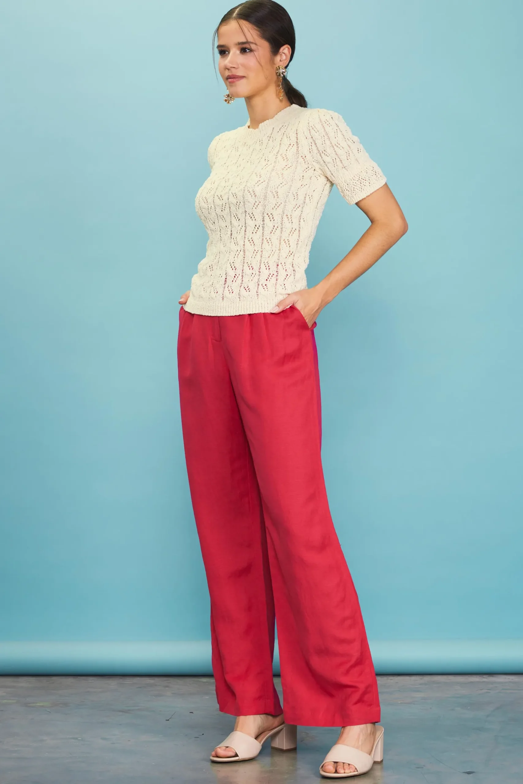 SKIES ARE BLUE Short Sleeve Tops|Sweaters*Pointelle Short Sleeve Sweater Ivory