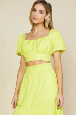 SKIES ARE BLUE Short Sleeve Tops*Poplin Bubble Sleeve Crop Top Limeyellow