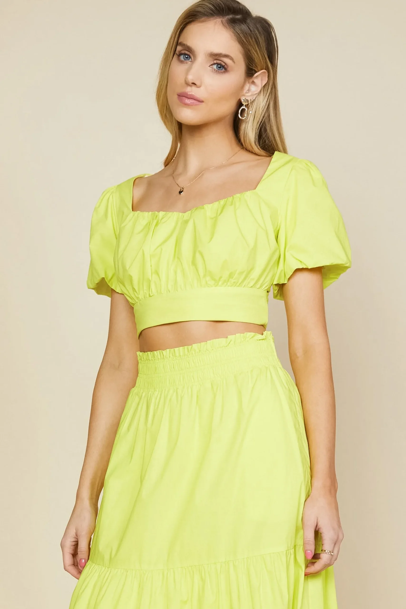 SKIES ARE BLUE Short Sleeve Tops*Poplin Bubble Sleeve Crop Top Limeyellow