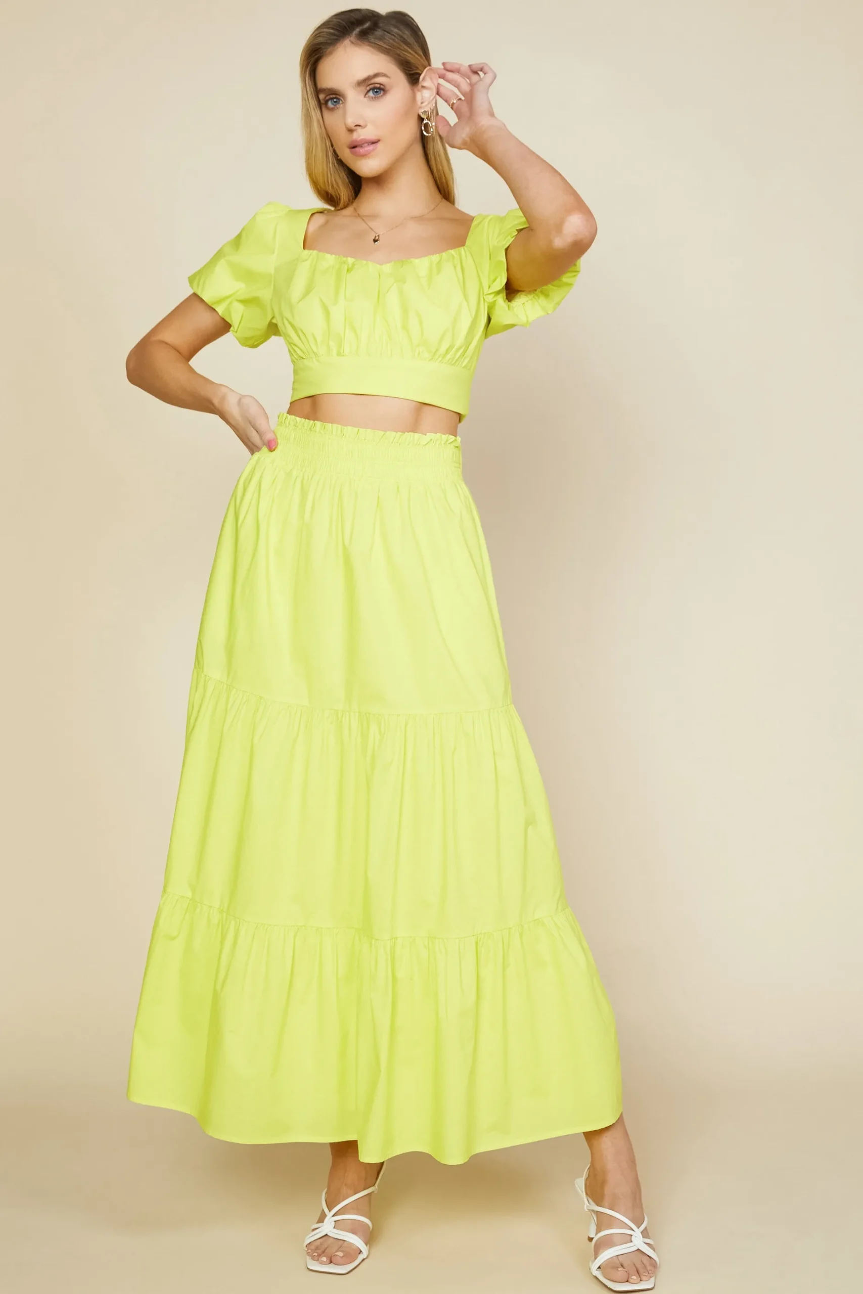 SKIES ARE BLUE Skirts*Poplin Tiered Maxi Skirt Limeyellow