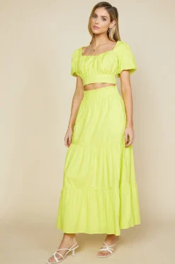 SKIES ARE BLUE Skirts*Poplin Tiered Maxi Skirt Limeyellow