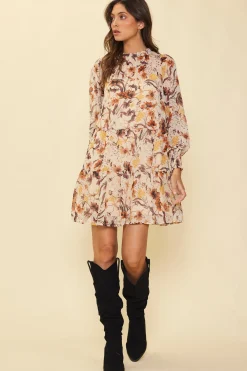 SKIES ARE BLUE Mini Dresses*Poppy Motif Mock Neck Dress Cream-brown