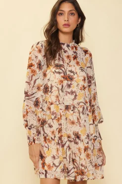 SKIES ARE BLUE Mini Dresses*Poppy Motif Mock Neck Dress Cream-brown