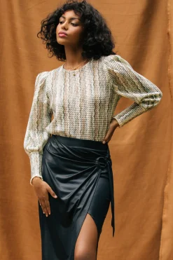 SKIES ARE BLUE Long Sleeve Tops*Printed Crochet Round Neck Top Olive