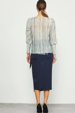 SKIES ARE BLUE Long Sleeve Tops*Printed Crochet Round Neck Top Olive