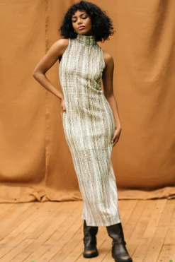SKIES ARE BLUE Midi Dresses*Printed Crochet Sleeveless Dress Olive