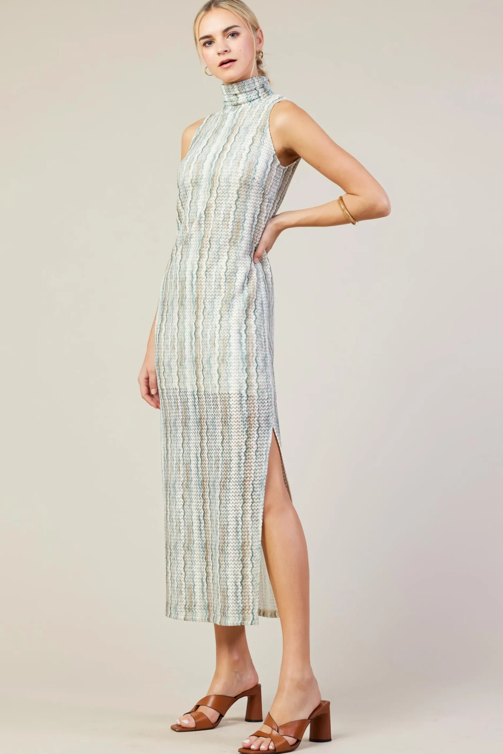 SKIES ARE BLUE Midi Dresses*Printed Crochet Sleeveless Dress Olive