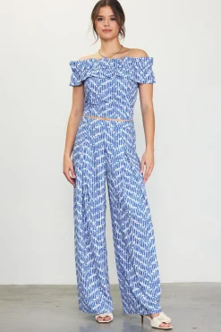 SKIES ARE BLUE Pants*Printed Wide-Leg Pants Blue