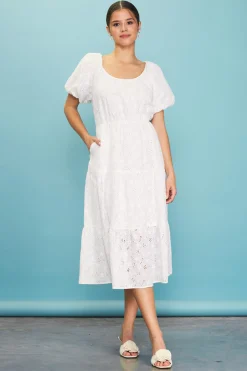 SKIES ARE BLUE Midi Dresses*Puffed Sleeve Tiered Midi Dress White