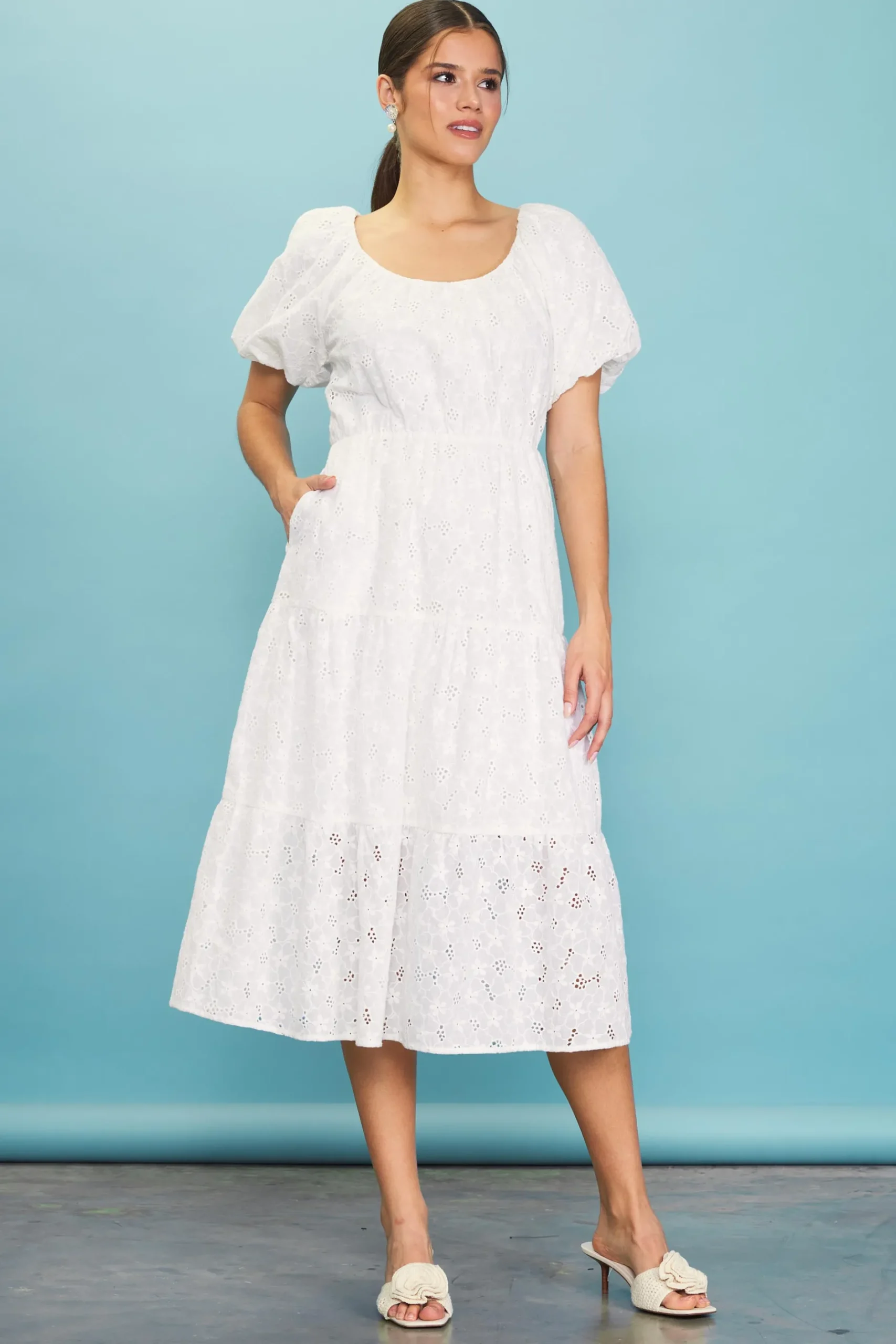 SKIES ARE BLUE Midi Dresses*Puffed Sleeve Tiered Midi Dress White