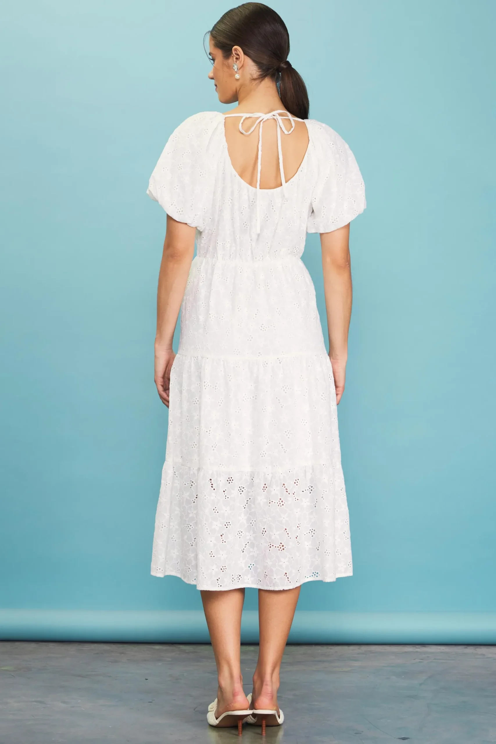 SKIES ARE BLUE Midi Dresses*Puffed Sleeve Tiered Midi Dress White