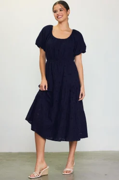SKIES ARE BLUE Midi Dresses*Puffed Sleeve Tiered Midi Dress Navy