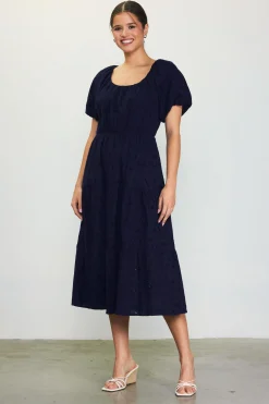 SKIES ARE BLUE Midi Dresses*Puffed Sleeve Tiered Midi Dress Navy