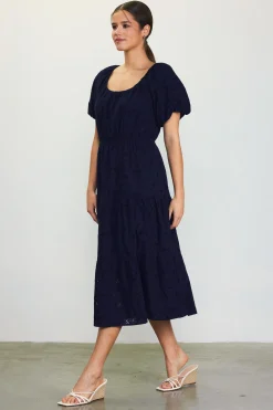 SKIES ARE BLUE Midi Dresses*Puffed Sleeve Tiered Midi Dress Navy