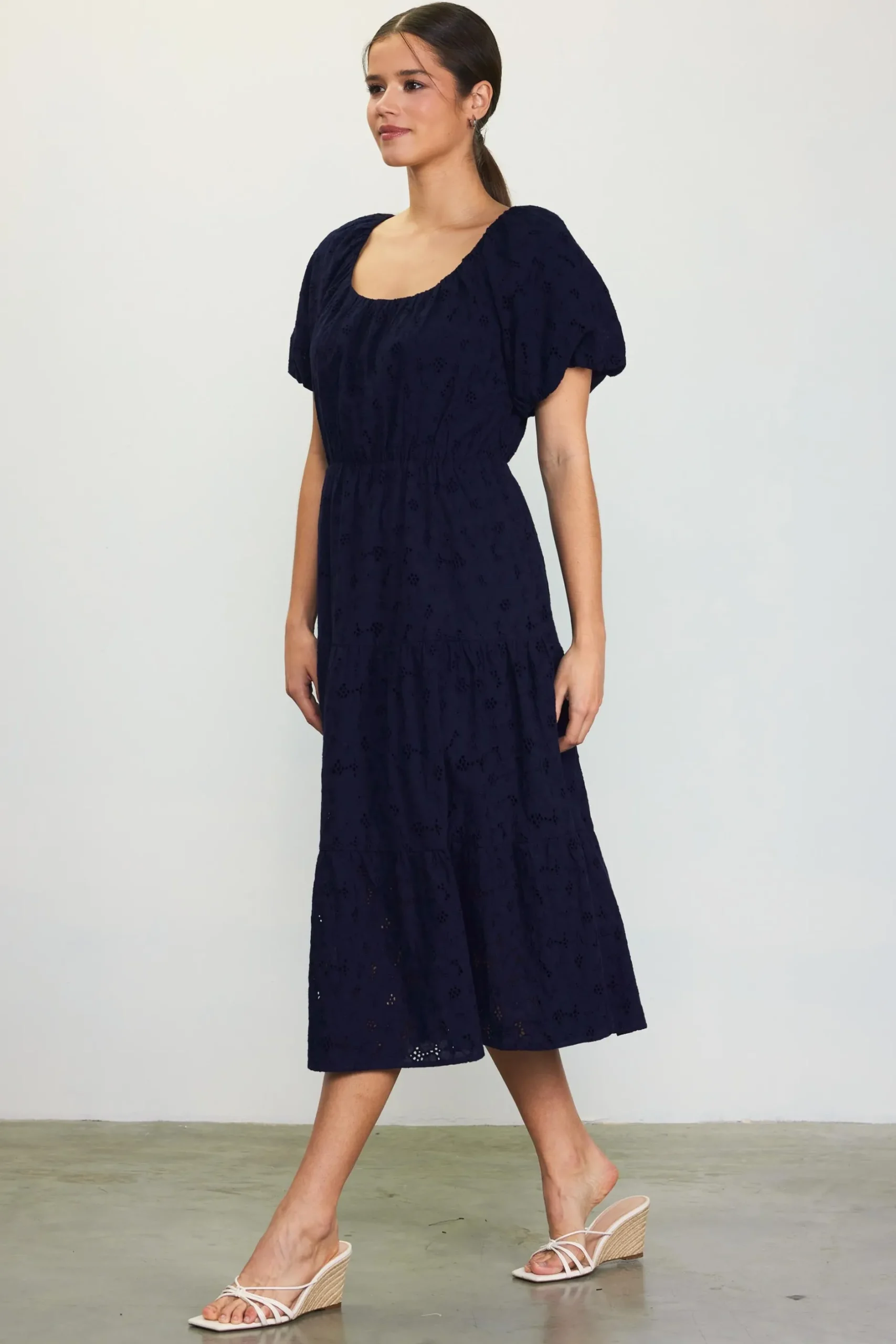 SKIES ARE BLUE Midi Dresses*Puffed Sleeve Tiered Midi Dress Navy