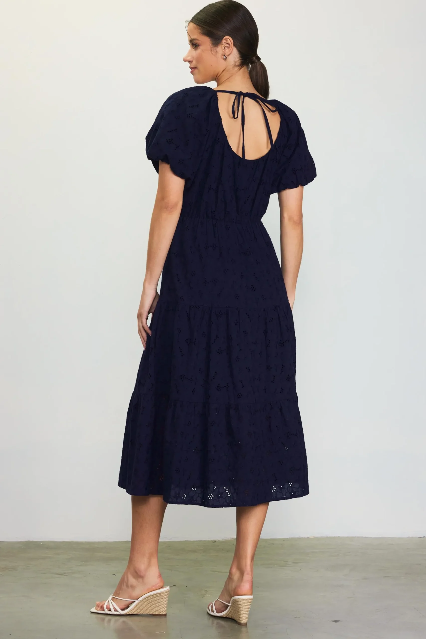 SKIES ARE BLUE Midi Dresses*Puffed Sleeve Tiered Midi Dress Navy