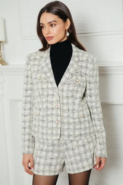 SKIES ARE BLUE Blazers*Raina Plaid Tweed Jacket Ivory-black