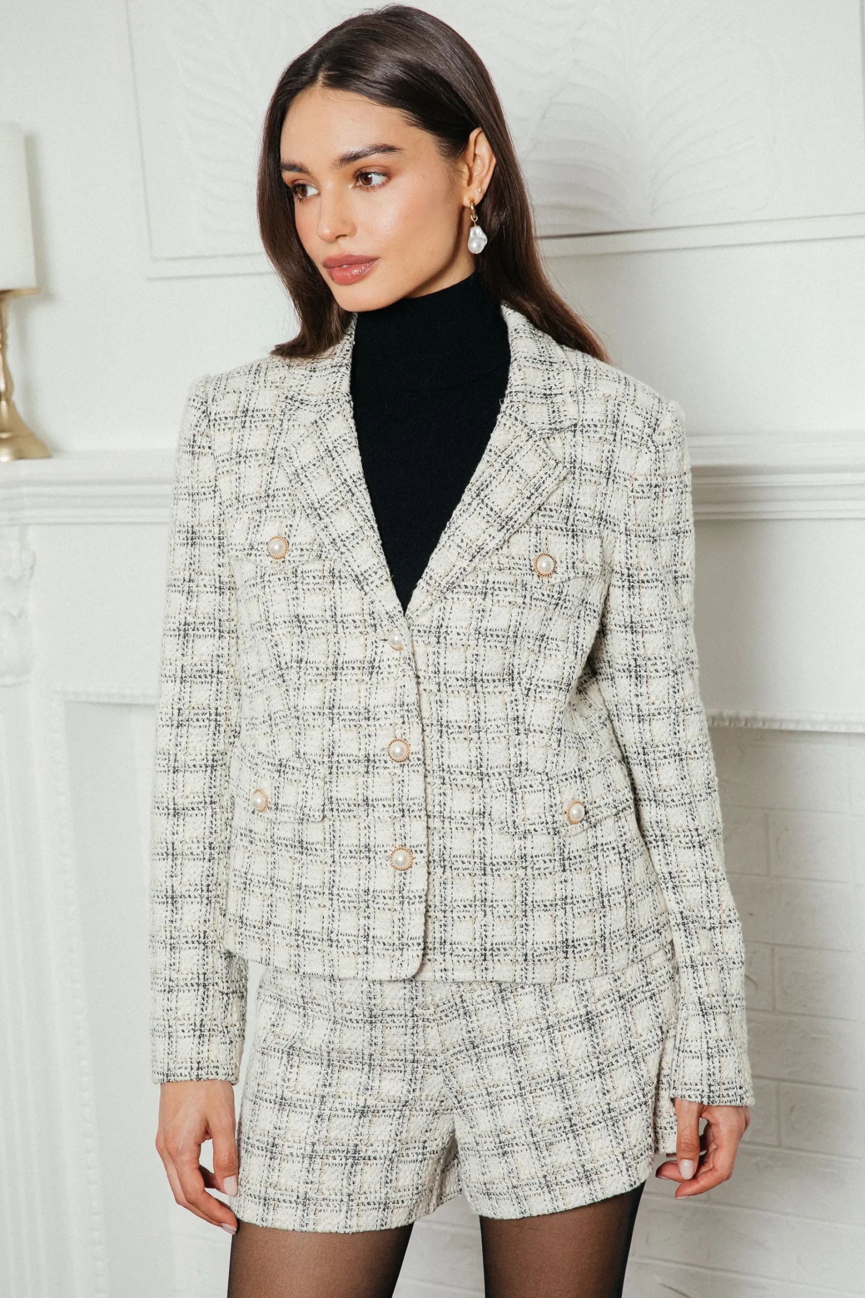 SKIES ARE BLUE Blazers*Raina Plaid Tweed Jacket Ivory-black