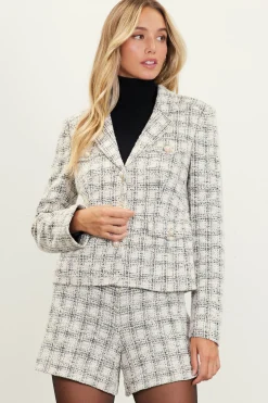 SKIES ARE BLUE Blazers*Raina Plaid Tweed Jacket Ivory-black