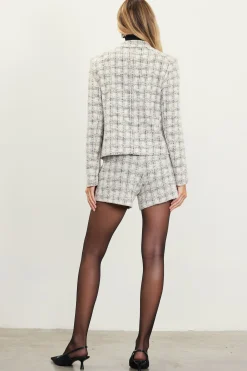 SKIES ARE BLUE Blazers*Raina Plaid Tweed Jacket Ivory-black