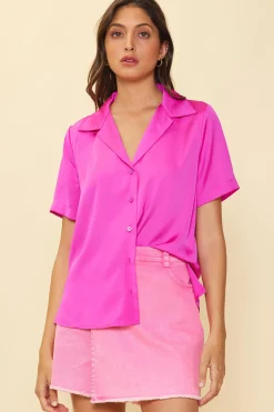 SKIES ARE BLUE Short Sleeve Tops*Recycled Button Down Short Sleeve Shirt Hotpink