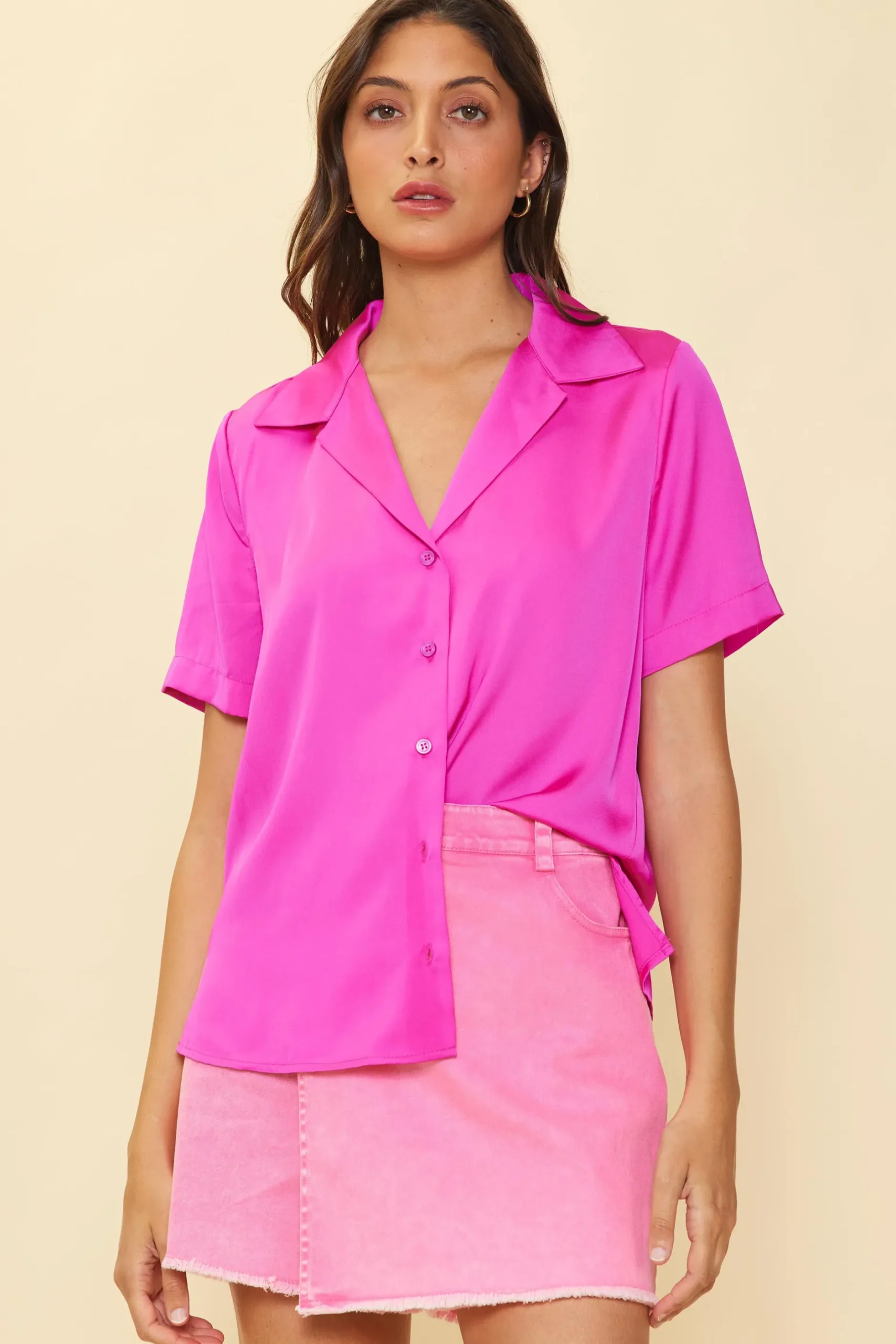 SKIES ARE BLUE Short Sleeve Tops*Recycled Button Down Short Sleeve Shirt Hotpink