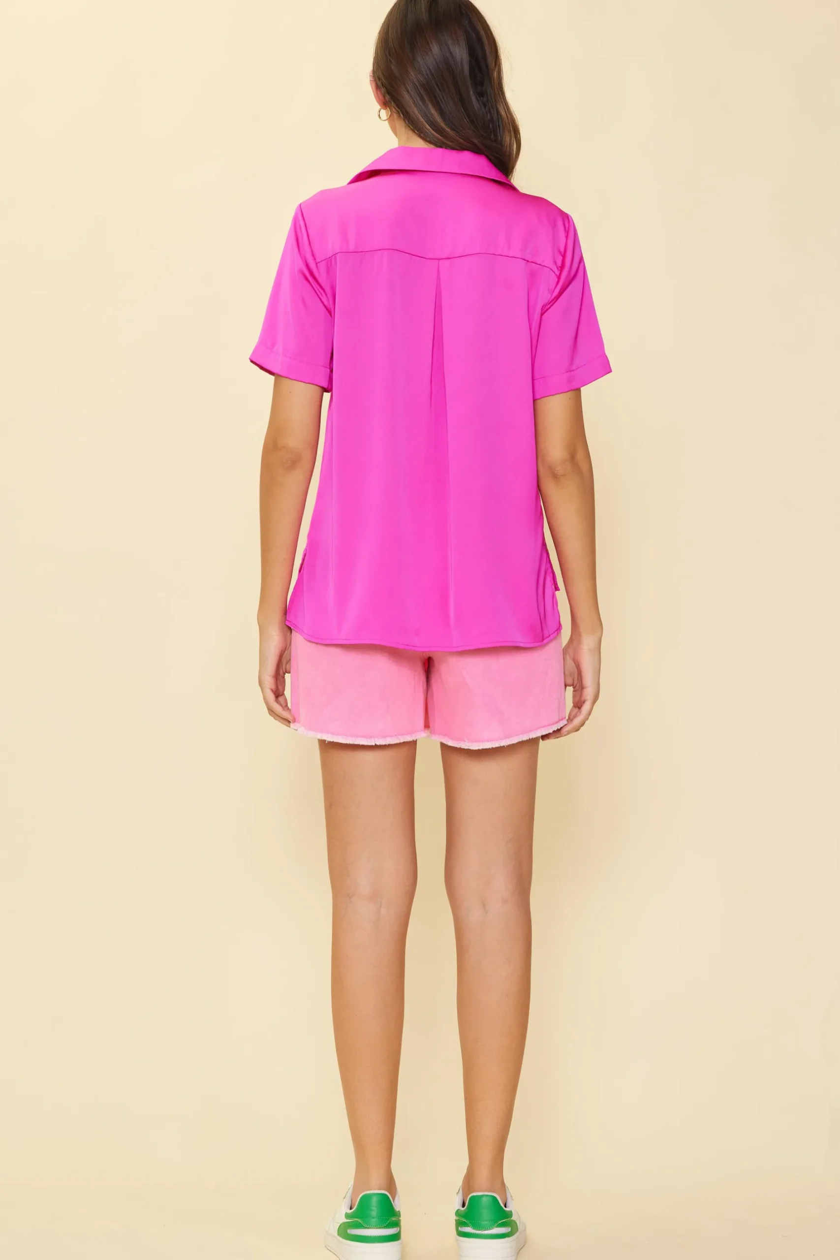 SKIES ARE BLUE Short Sleeve Tops*Recycled Button Down Short Sleeve Shirt Hotpink