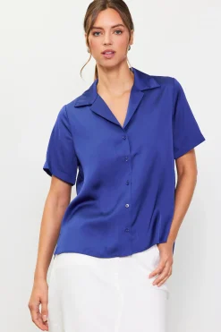SKIES ARE BLUE Short Sleeve Tops*Recycled Button Down Short Sleeve Shirt Stonenavy