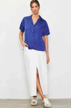 SKIES ARE BLUE Short Sleeve Tops*Recycled Button Down Short Sleeve Shirt Stonenavy