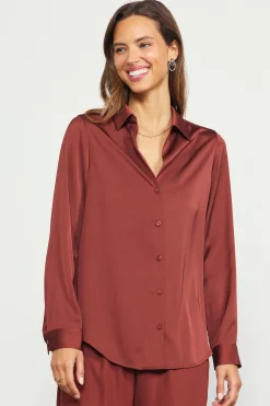 SKIES ARE BLUE Blouses|Long Sleeve Tops*Recycled Button Down Top Chocolate